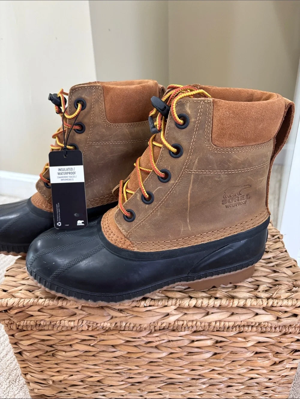 NWT Sorel Men's Brown Suede & Black Rubber Lace-Up Rain Boots Size 7